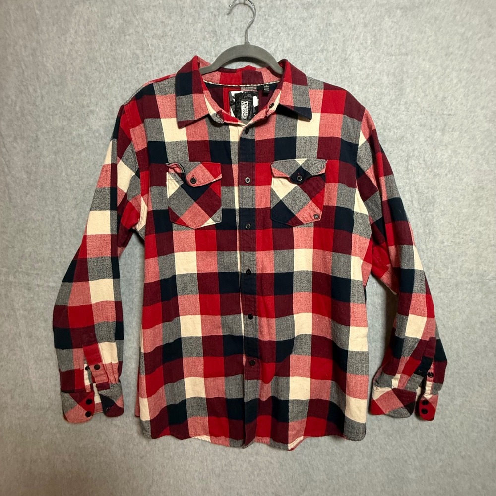 Current Mens Red Navy Cream Buffalo Plaid Flannel Button Down Shirt Large